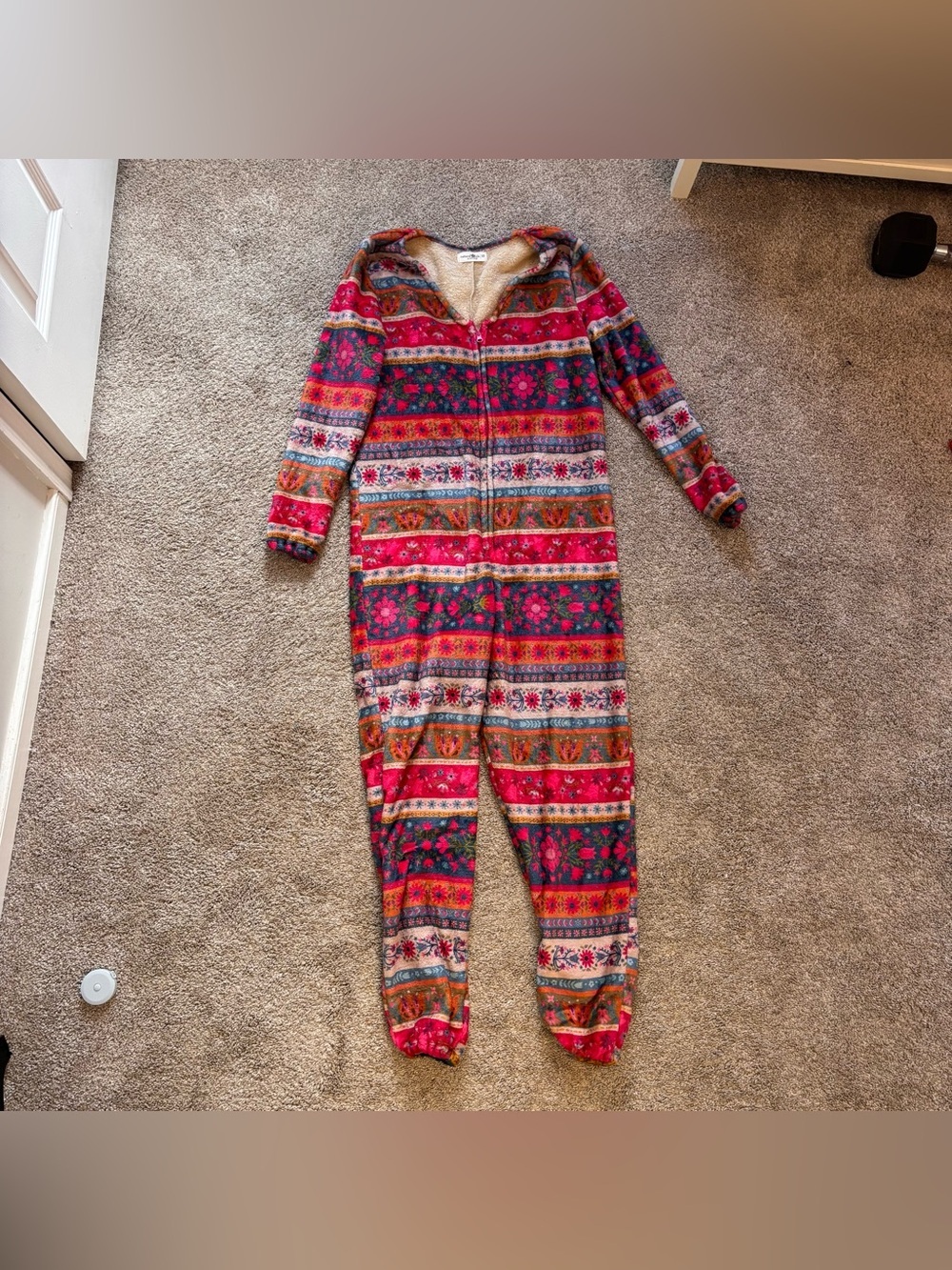 Natural Life XS Sherpa Fleece One Piece Pajama Jumpsuit Boho Print Cozy - Picture 2 of 5